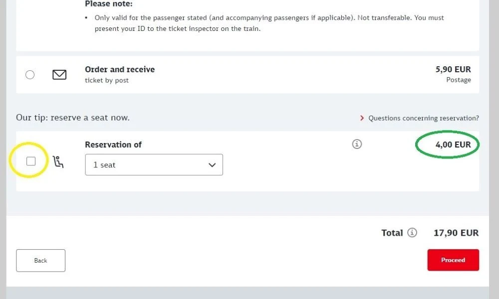 Adding a reservation when booking 2nd class train tickets with DB
