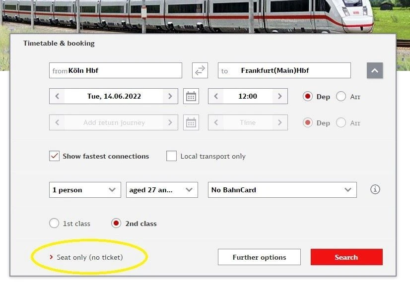 Booking seat reservations separate to tickets on the DB website