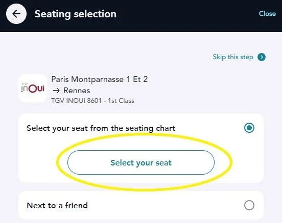 Accessing the seating plans on OuiSNCF