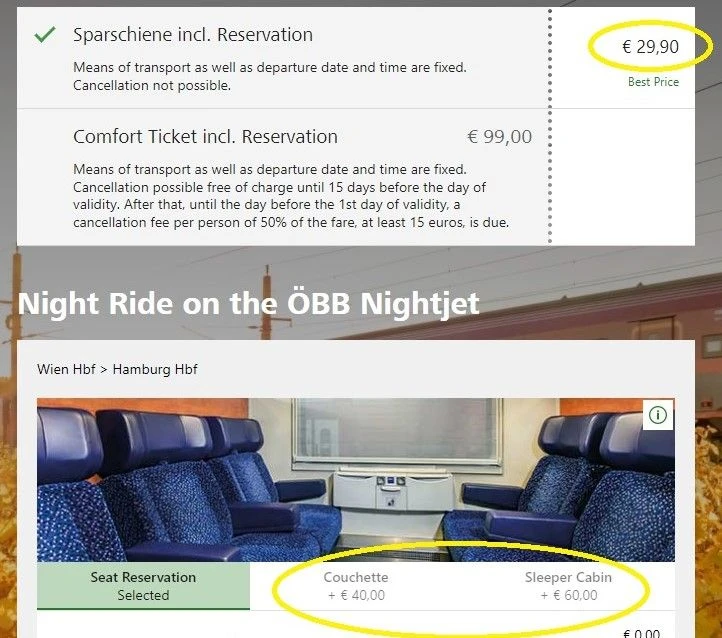 Booking a night train on the OBB website