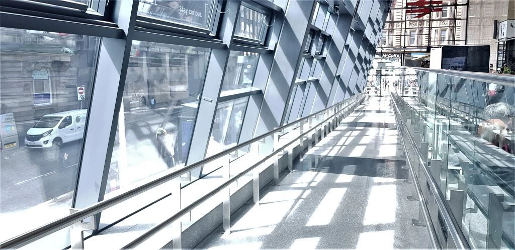 The sloping walk way across the front of Queen Street station