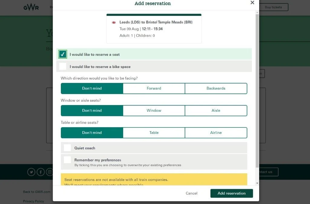 Booking seat reservations online with GWR