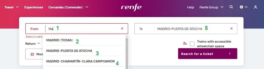 Choosing a station when booking tickets on Renfe