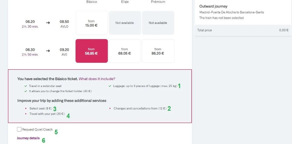 Booking the cheapest type of ticket available on the Renfe website