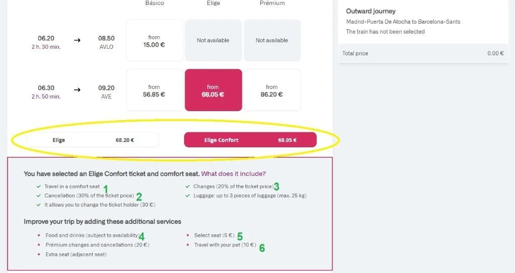 Booking Elige tickets on the Renfe ticket booking service