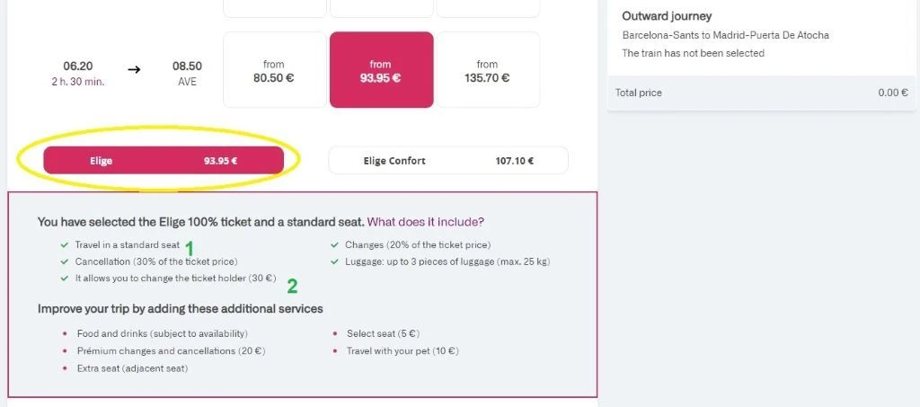 Booking a more flexible type of ticket when booking journeys on the Renfe website