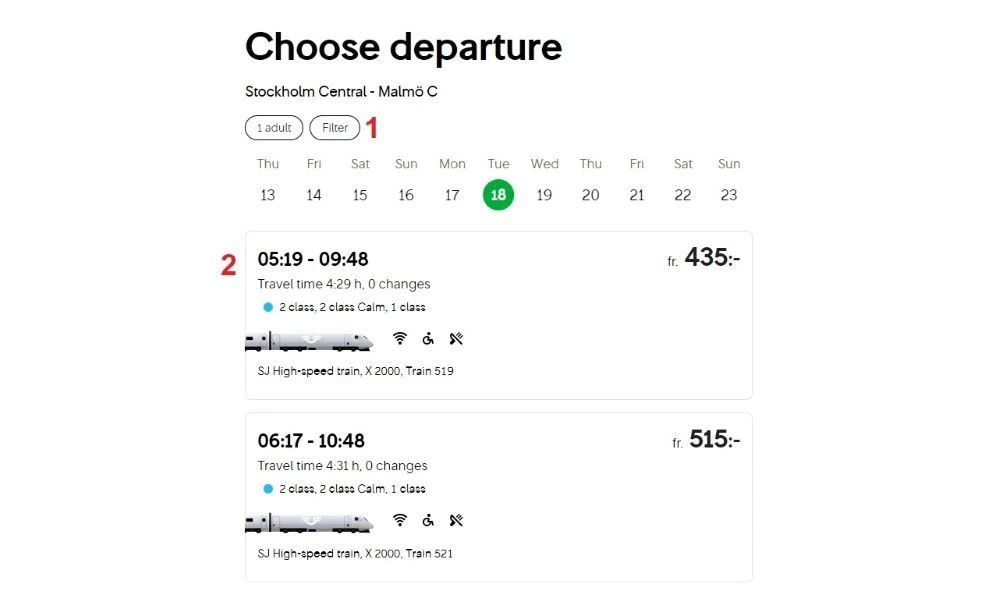 Choosing a departure on the SJ website