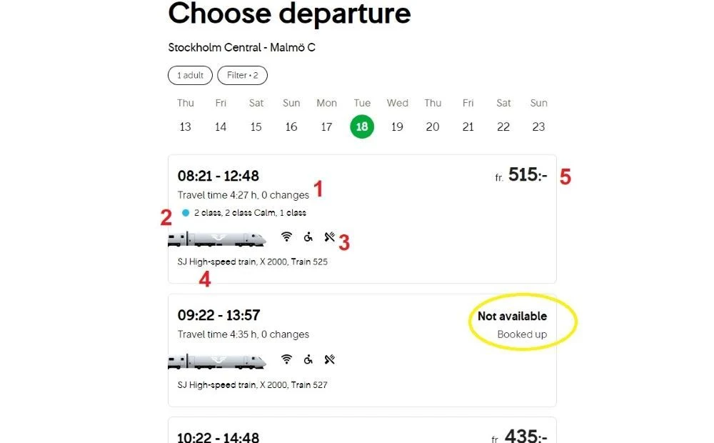 Choosing a departure when booking tickets on the SJ website