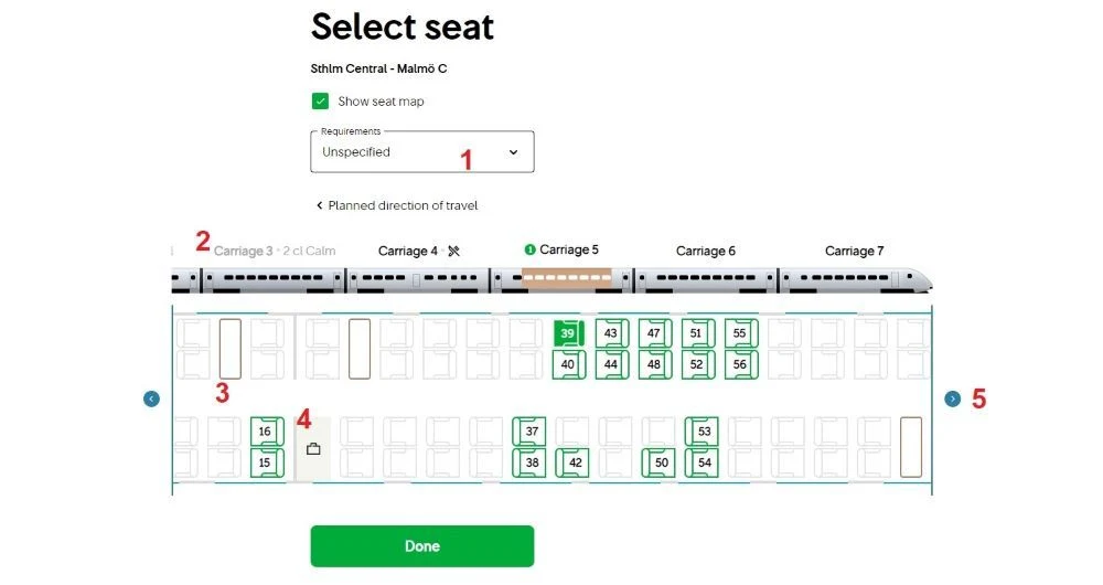 Using the seating plan when booking tickets on SJ