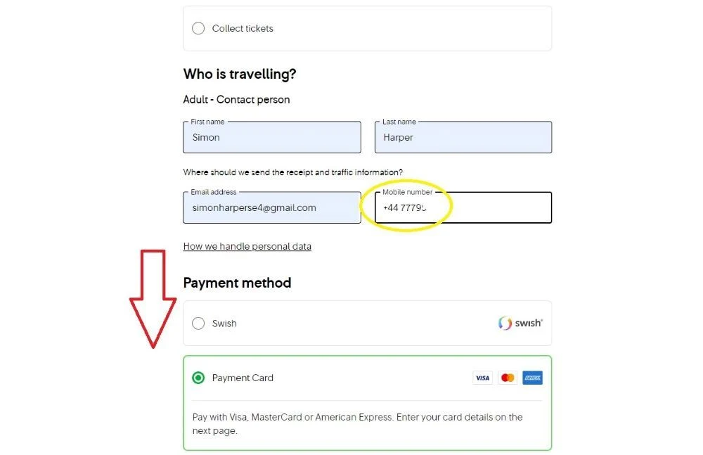 Making a payment when buying a train ticket on the SJ website