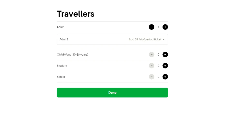 Adding the number of travellers when booking on the SJ website
