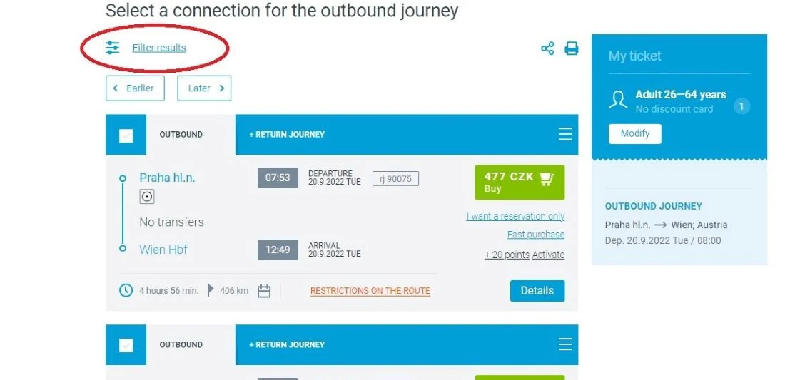 Filtering the journey options when booking tickets on the CD website