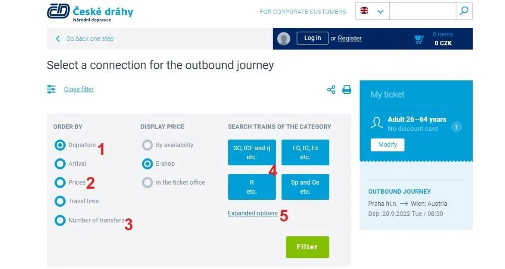 Filtering the journey results when booking tickets on the CD website