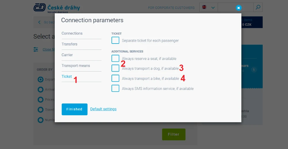 Adding dogs or bikes to a booking when buying Czech train tickets on the CD website