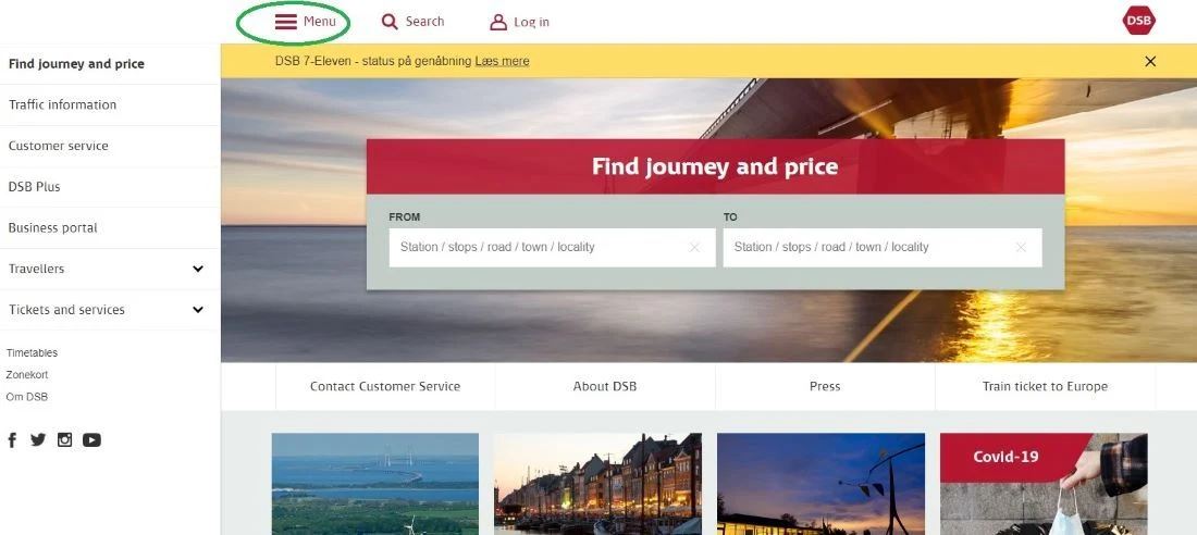 Using the info in the menu on the DSB website when booking Danish rail tickets