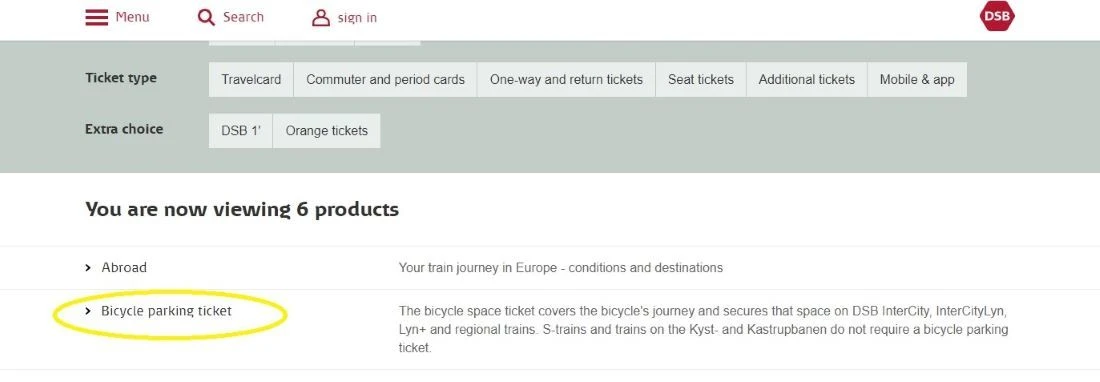 The info on the DSB website on how to book bike tickets for train journeys in Denmark