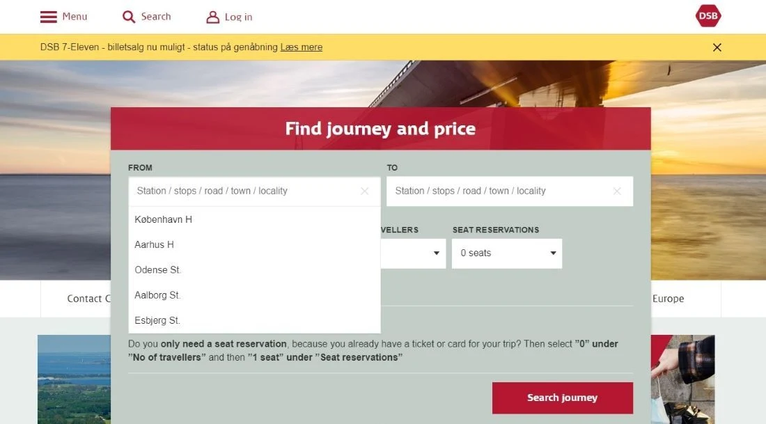 Choosing the start end end points of a journey when booking on the DSB website