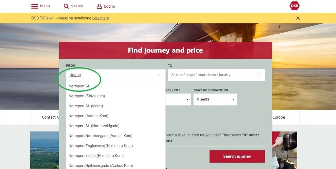 Selecting a From station when booking train tickets on the DSB website