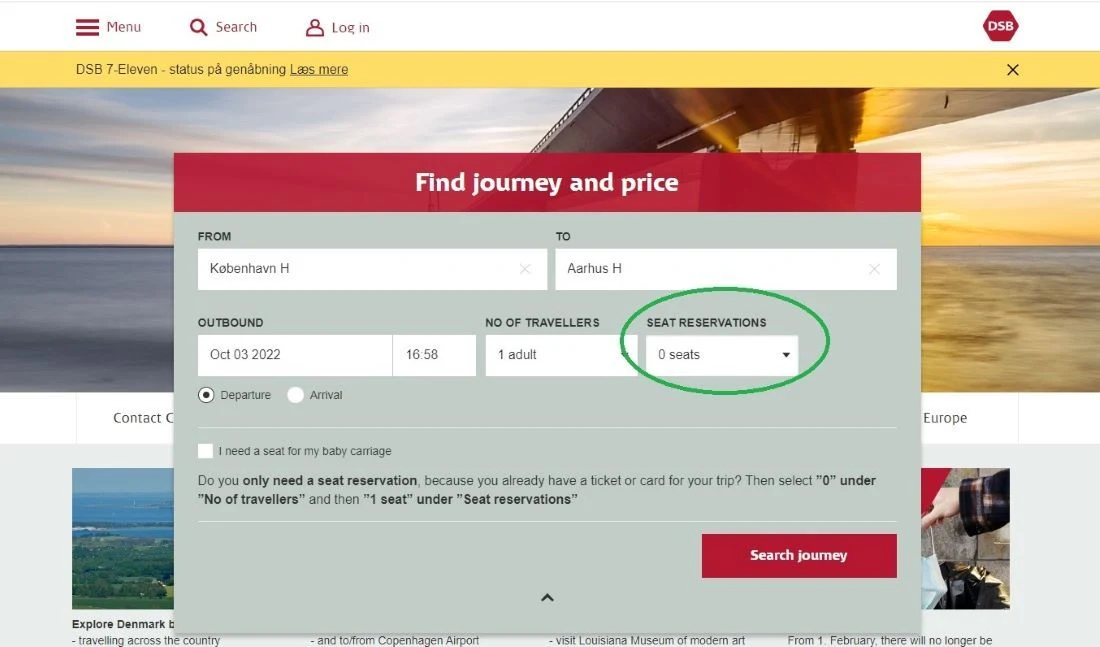 Choosing not to add a reservation when booking Danish rail tickets with DSB