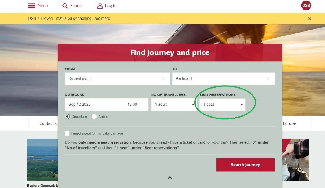 Adding a seat reservation when booking Danish rail tickets with DSB