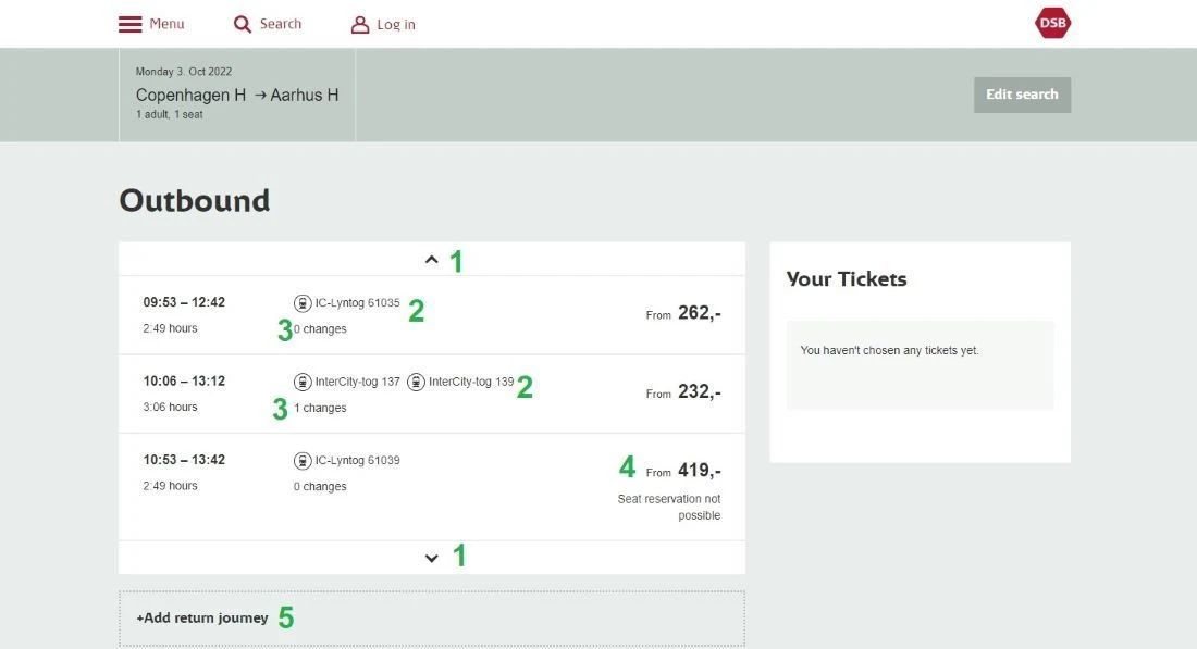 Looking at the journey options when using the DSB website to book Danish rail tickets