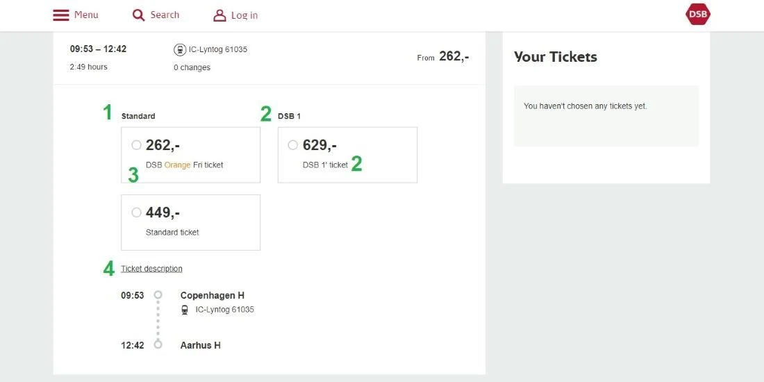Choosing the type of ticket you wish to travel by when booking Danish rail tickets online