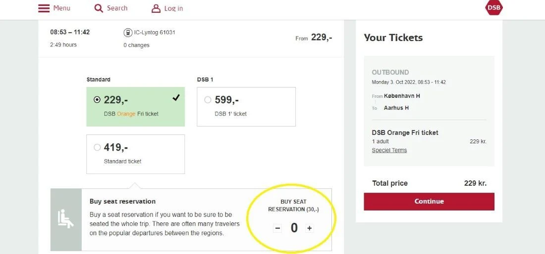 Opting to add a seat reservation when looking up Danish rail journeys on the DSB website