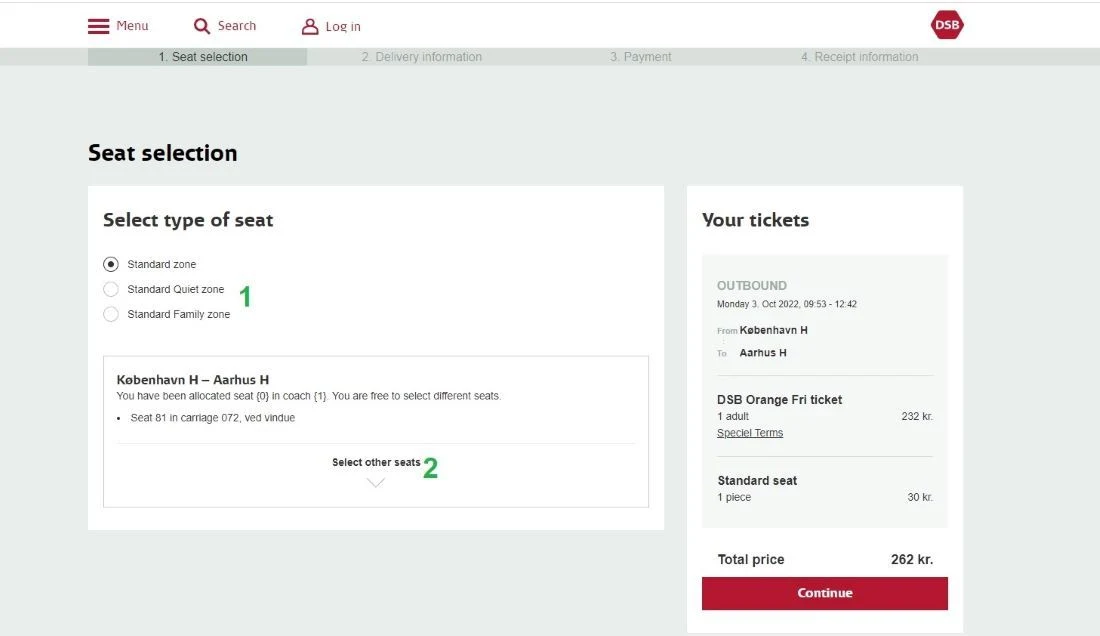 Selecting specific seats when booking Danish rail tickets with DSB
