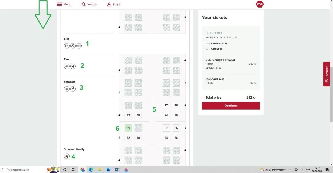 Using the seating plan when booking seat reservations on the DSB website