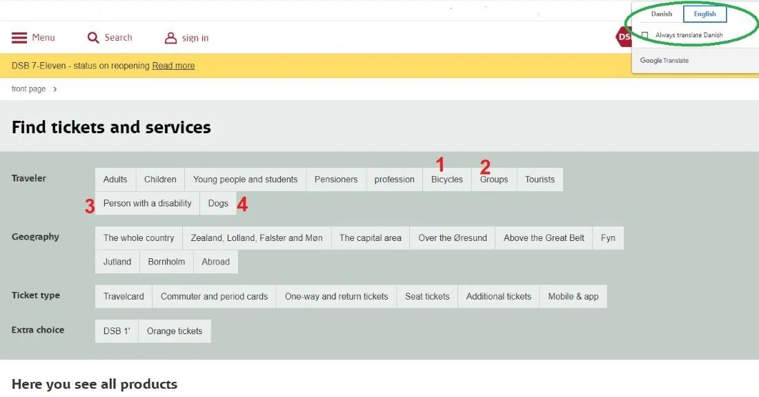 Using the info for the specific types of tickets on the DSB website