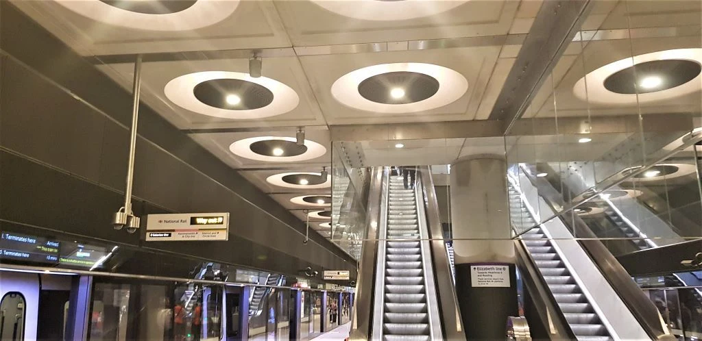 The escalators which lead up down to the Elizabeth line platform at Paddington