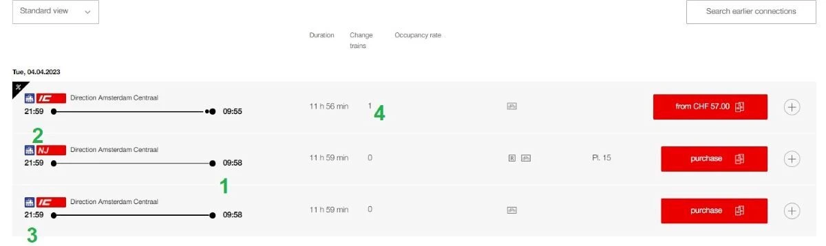 Accessing the couchettes and sleeping cabins on the SBB website for a journey by a Nightjet train