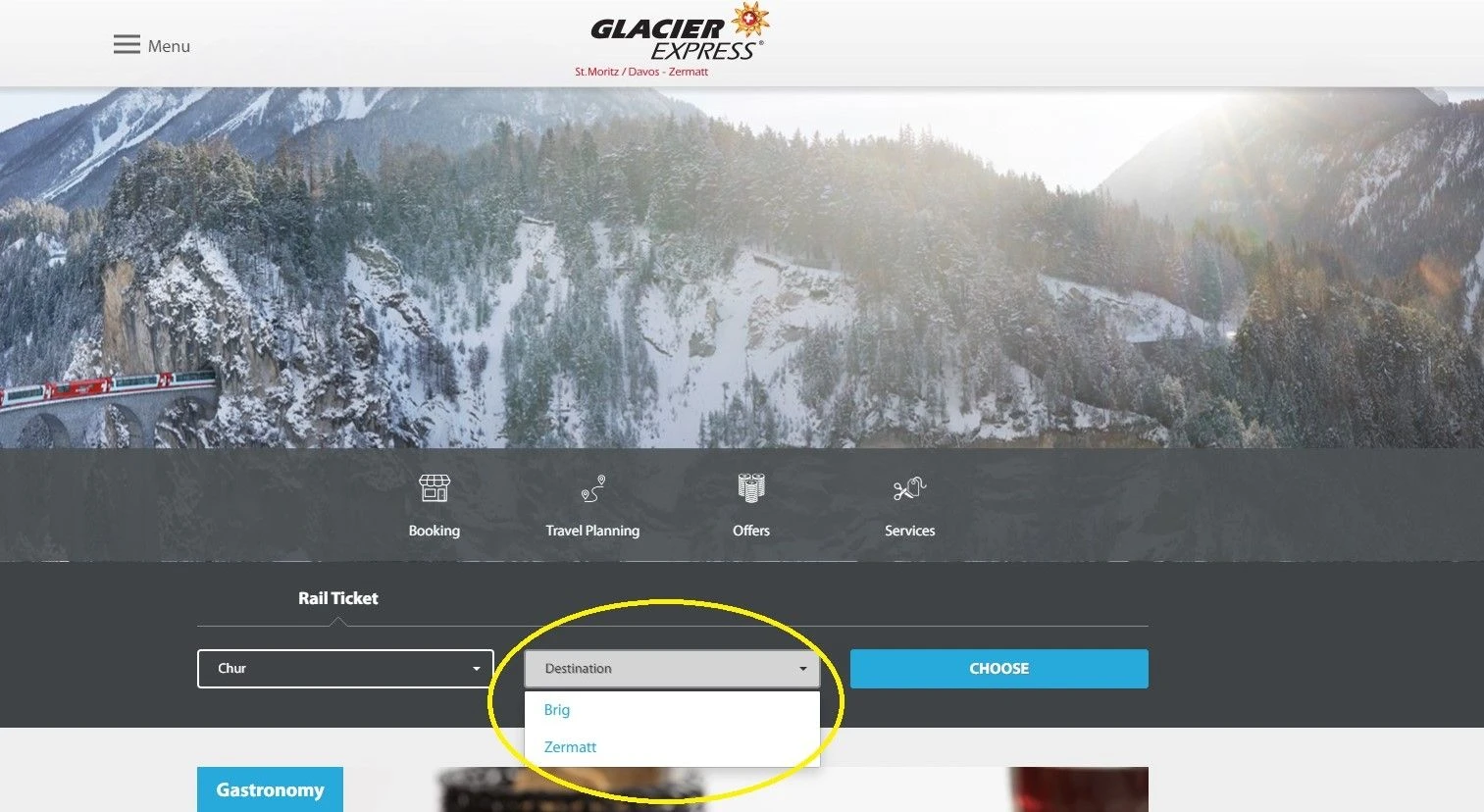 Choosing destination on the Glacier Express website