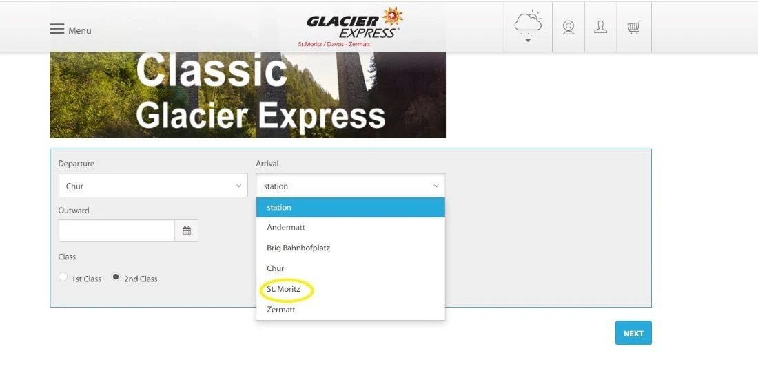 Choosing a destination when booking Glacier Express tickets