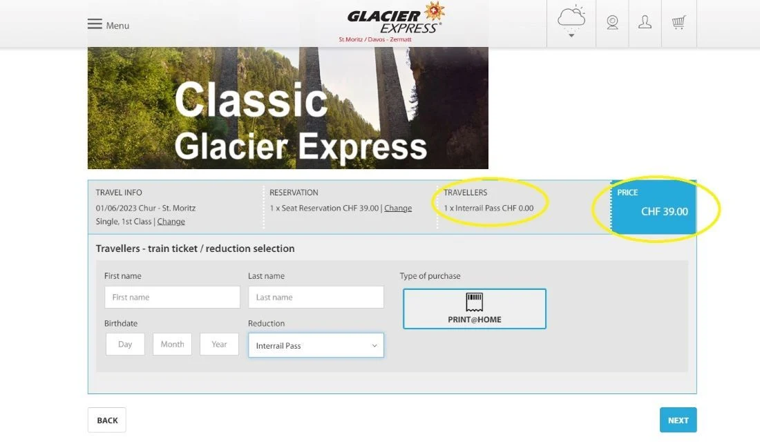 Booking an Interrail reservation on the Glacier Express