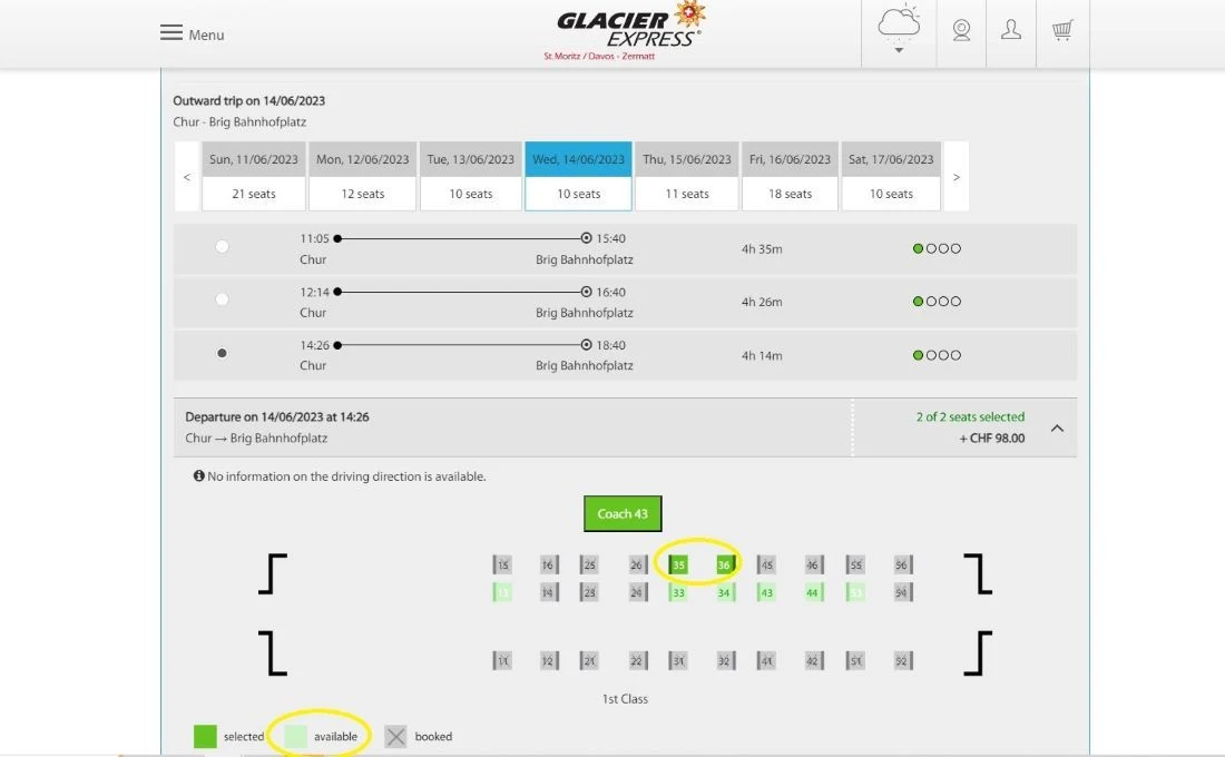 Choosing seats on the Glacier Express